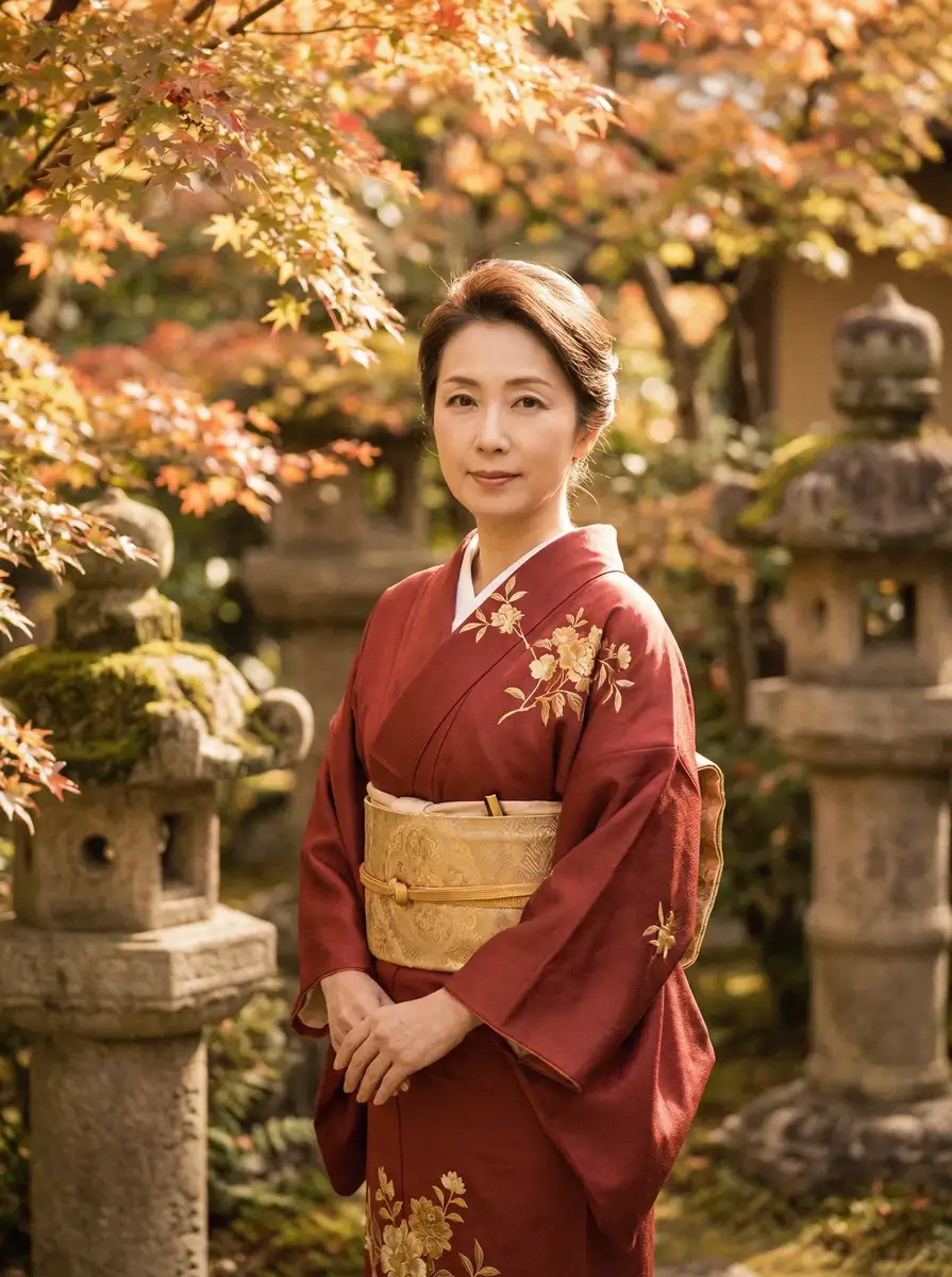 一位身穿暗红色和服的优雅 山口珠理 在日式庭院中