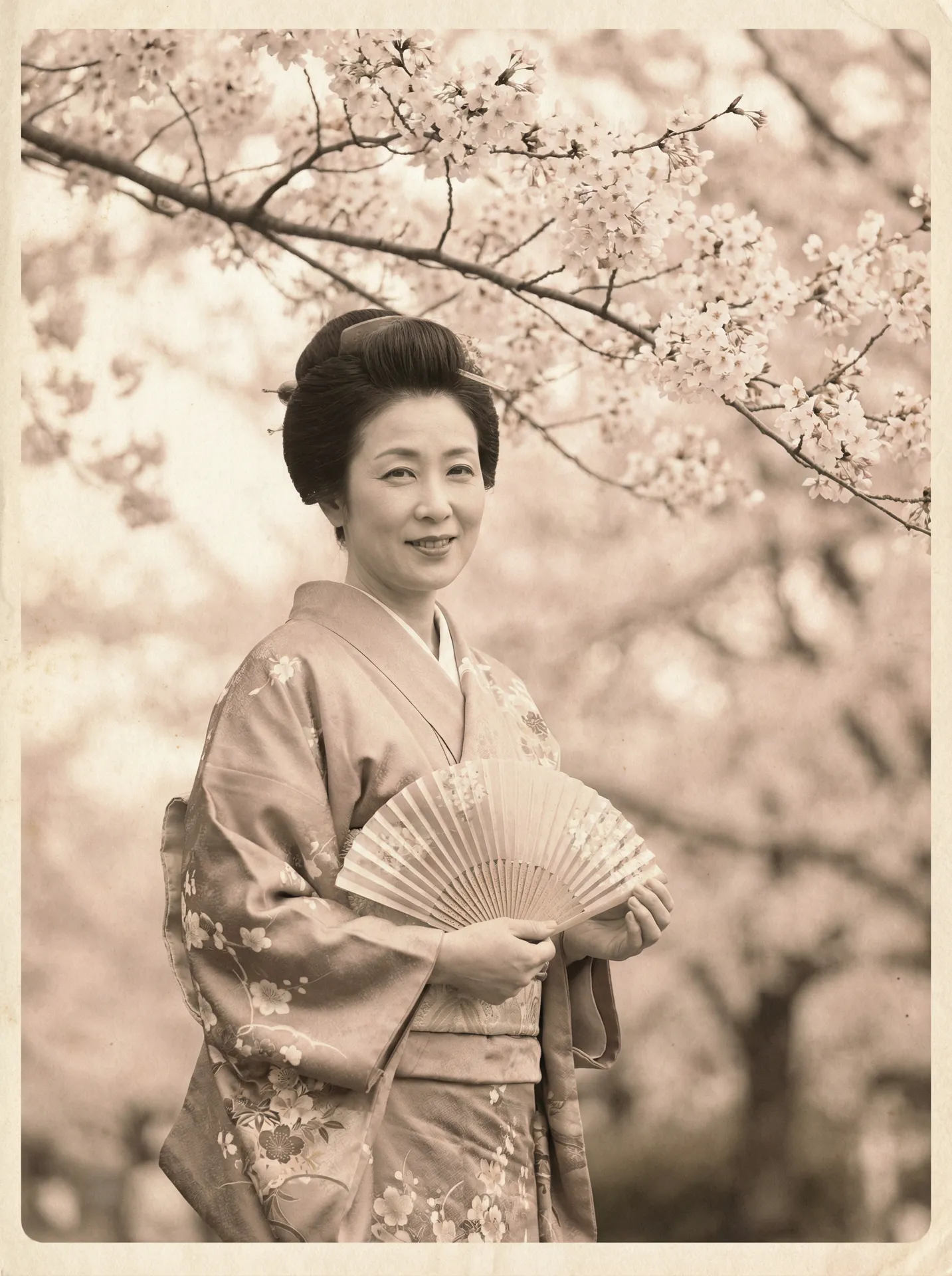 一位持扇的优雅 山口珠理 在樱花树下的复古写真