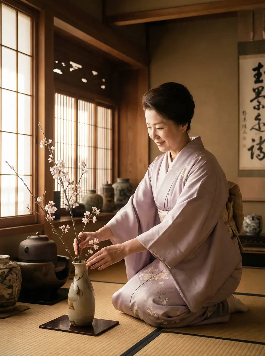 一位优雅的 山口珠理 在和室中插花